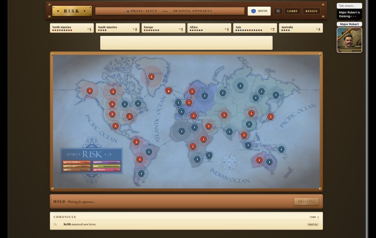 Gamebox Risk — an antique-map world board at the opening turn, playing against the AI general Major Robert, who is thinking through his move in the corner