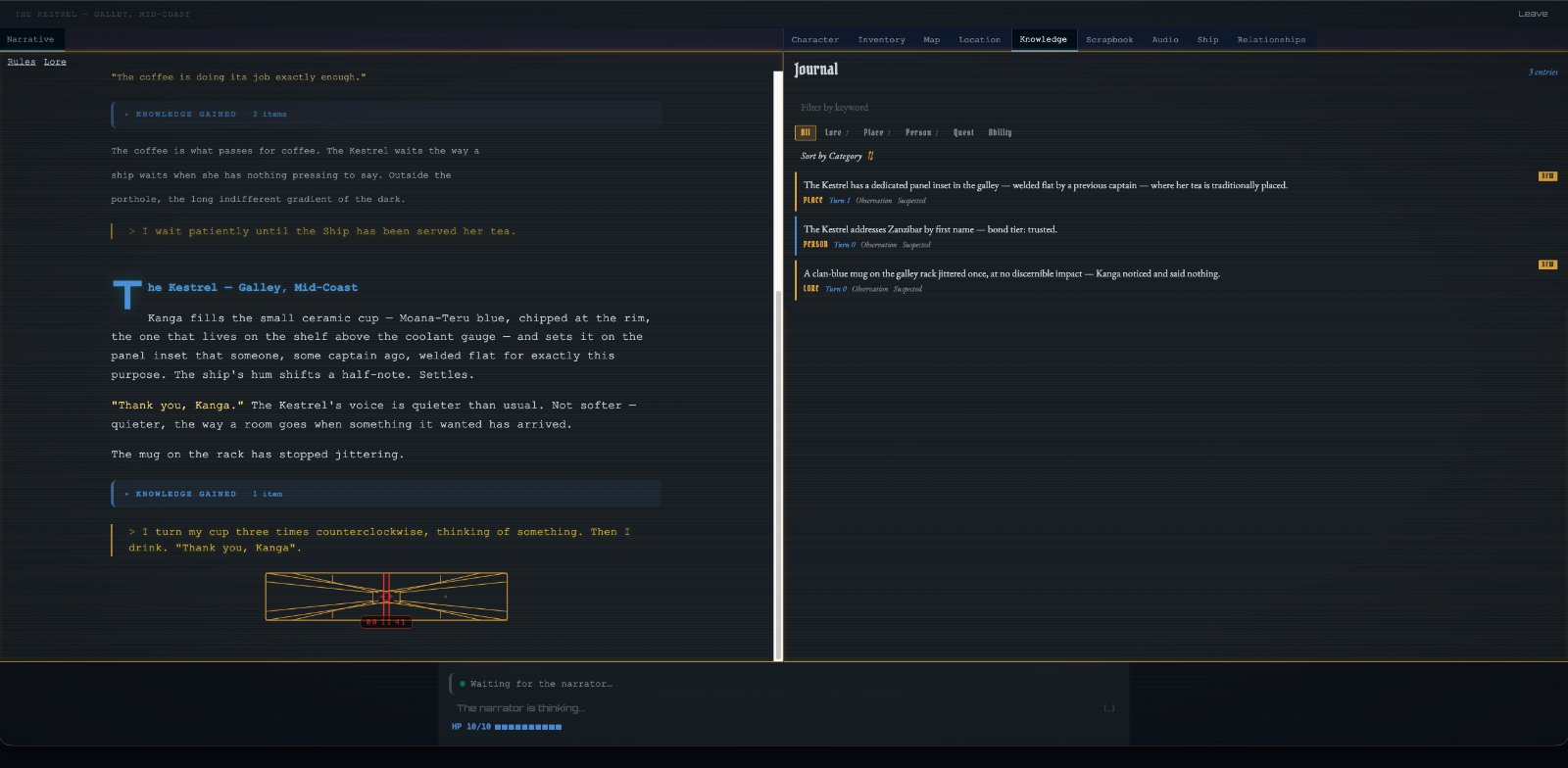 SideQuest in-session view — streaming narration on the left, the live Knowledge Journal tracking facts on the right, with an HP bar and ship readout