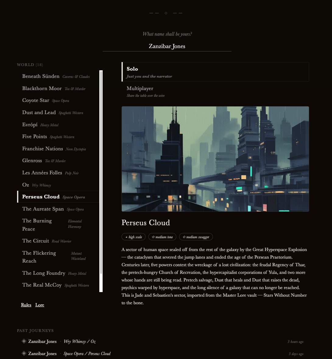 SideQuest character-creation screen — naming a character and choosing the Perseus Cloud space-opera world, with a generated cityscape